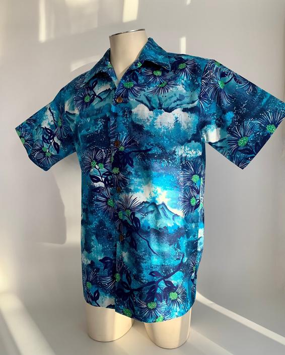 1960's Hawaiian Shirt - DUKE KAHANAMOKU for CATALINA - All Cotton - Tropical Flowers &amp; Volcanoes - Made in Hawaii - Men's Size Large 