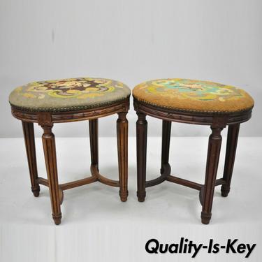 Pair of French Louis XVI Style Carved Walnut &amp; Needlepoint Oval Stools