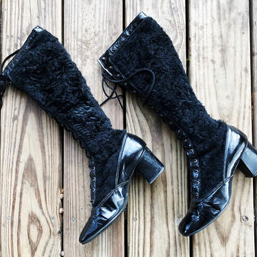 Vintage 60s 70s Black Patent Leather Faux Fur Tall Knee High Lace Up Heeled Hippie Gogo Boots 7 
