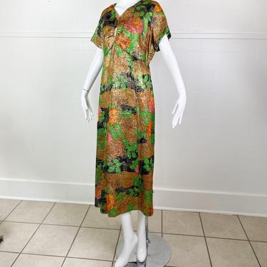 1950s Baroque Floral Dress with Rhinestone Detail / Large 