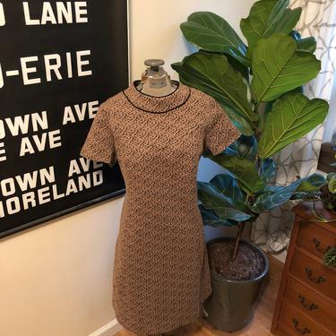 1960s mod knit a line dress black nd brown graphic pattern L 