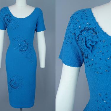 1950s Knit Dress with 3D Flowers & Rhinestones | Vintage 50s 'Snyderknit' Short Sleeve Dress | small 