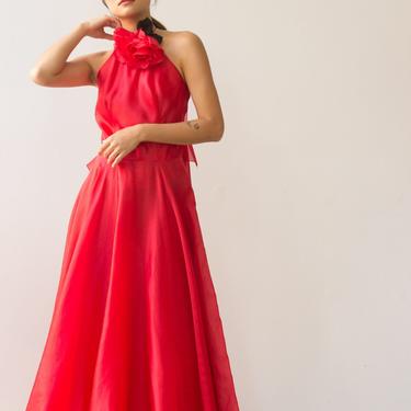 1970s Red Silk Organza Givenchy Rosette Gown 