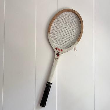 Vintage Star, Pakistan Wood Tennis Racket with Black Wrapped Handle, Wall Decor Sports Bar Game Room 