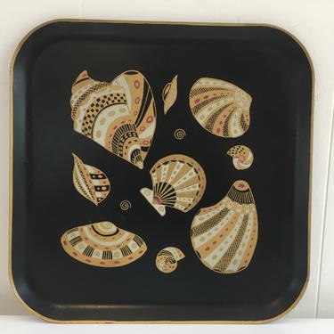 Vintage Seashells Metal Tray Serving Dish Drink Server 1970s Sea Shells Retro Ocean Beach Mid-Century Vacation Gold Black MCM 