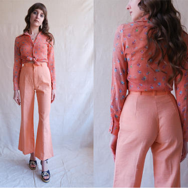 Vintage 70s Salmon Pink Bell Bottoms/ 1970s High Waisted Wide Leg Spring Pants/ Size 24 25 