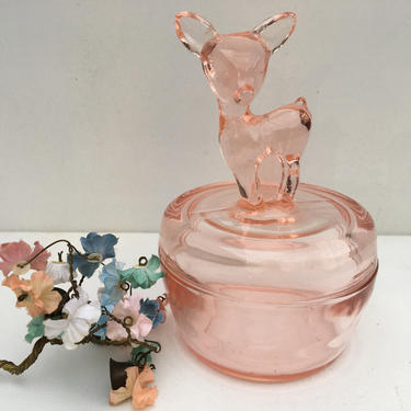 Vintage Pink Fawn Jeanette Glass Candy Dish, Pink Deer Glass Lidded Dish, Candy Jar For Pastel Candies 