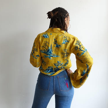 Vintage Embroidered Silk Jacket/Bright Yellow and Blue Bell Sleeve/ 20s 30s 40s / Chinese Silk Embroidery/ Size M 