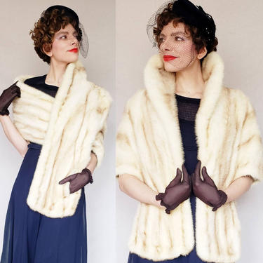 1950s Blonde Mink Fur Wrap Marshall Fields / 50s Fur Shrug Short Swing Jacket Stole Vintage Wedding Bridal /  Mid-Century Original AS IS 