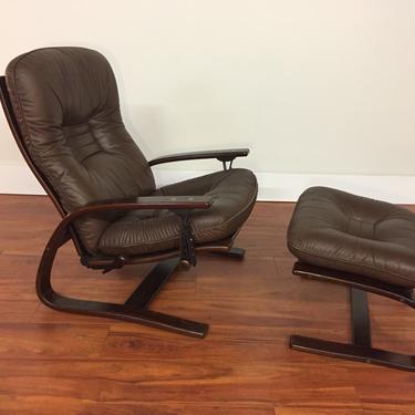 Westnofa Leather Reclining Arm Lounge Chair and Ottoman - Made in Norway 