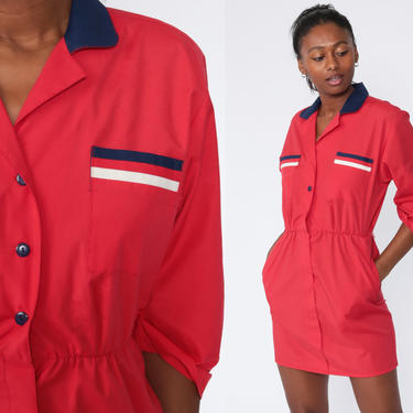 Striped Shirt Dress 80s Button Up Mini Dress Red Secretary Shirtdress High Waist 1980s Vintage 3/4 Sleeve Dress Medium 