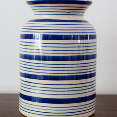 Blue and White Striped Earthenware Crock/Vase/Utensil Holder 