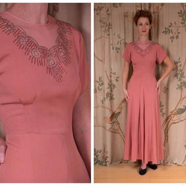 1940s Dress - The Hermosa Gown - Graceful Rose Pink Rayon Vintage 40s Evening Dress with Sheer Beaded Net Neckline 