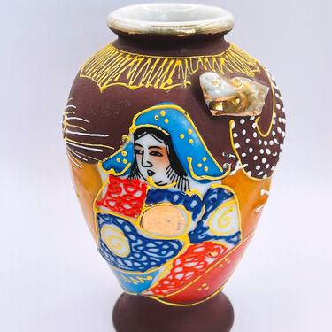 Vintage Japan miniature vase, orange, brown with pretty gold Highlights Moriage Dragonware 