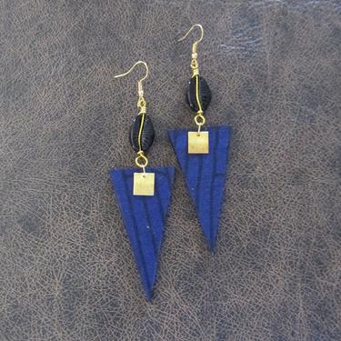 African print earrings, Ankara earrings, cowrie shell earrings, bold statement earrings, Afrocentric earrings, triangle batik earrings, blue 