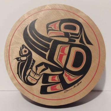 Vintage Clarence A. Wells Haida Hoop Drum Wood Box The Raven & the Salmon Indigenous Haida Art 10&quot; 