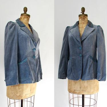 JACKET REQUIRED Vintage 70s Blue Corduroy Blazer with Faux Python Snake Reptile Trim Puff Sleeves, 1970s Hippie Boho Bohemian | Small Medium 