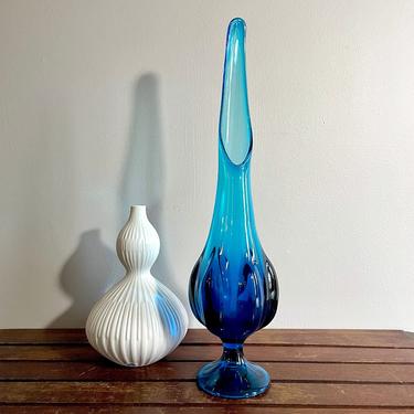 Vintage 20 inch, Viking Epic Swung Glass Vase, Bluenique, 6 petal, Mid Century Modern - Collectible, Blown Molded Glass, Turquoise Blue 