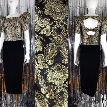 Fabulous Vintage 80s Black &amp; Gold Brocade Party Dress with Back Cutouts and Puffed Sleeves 