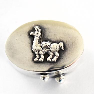 Whimsical 70's 950 silver llama topped trinket ring box, charming little alpaca themed fine silver hinged ovsl pill box 