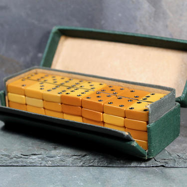 RARE Vintage Butterscotch Bakelite Dominoes Set in Original Box - Warm Color of Aged Bakelite - Full Set Vintage Dominos | FREE SHIPPING 