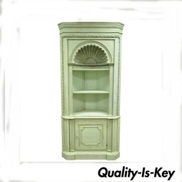 Green Distress Painted Shell Carved Country French Style Corner Cabinet Cupboard
