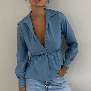 70s blouse / vintage sky blue polyester wide collar top stitched belted peplum blouse | S 