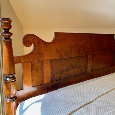 Tulip top Bed in Tiger Maple, Original posts Circa 1830. Resized to King w/ Ram's Ear Paneled Headboard