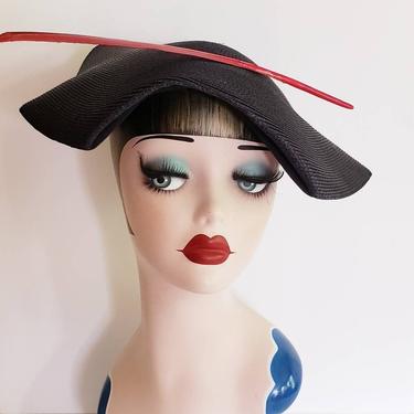 50s Navy Blue Straw Modernist Hat with Red Abstract Panel / 1950s MCM Space Age Cocktail Hat Linda Farrell NY 
