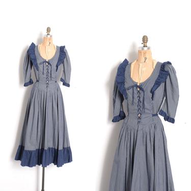 Vintage 1970s Dress / 70s Puff Sleeve Striped Prairie Dress / Navy Blue ( S M ) 