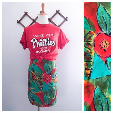 Vintage 90s Teal Floral High Waist Mini Skirt XS 