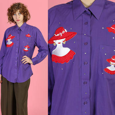 90s Jeweled Hat Shirt - Small | Vintage Novelty Button Up Long Sleeve Purple Top 