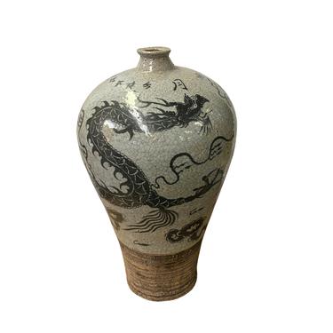 Chinese Crackle Gray Ceramic Hand-painted Dragon Vase ws1406E 
