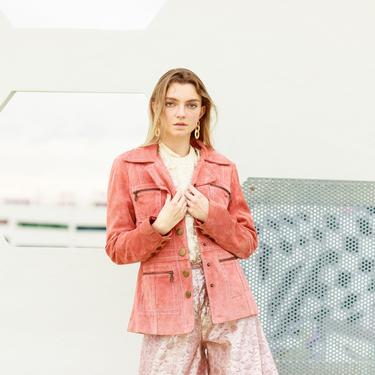 70s Pink Rose Suede Jacket Vintage Long Sleeve Stitched Blazer 