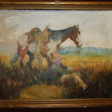 Old 1932 Cowboy & Horse Pastel Painting signed W L Hagenbagh Listed CA Artist 