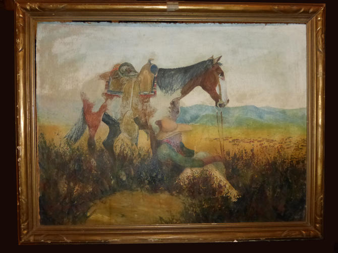 Old 1932 Cowboy &amp; Horse Pastel Painting signed W L Hagenbagh Listed CA Artist 