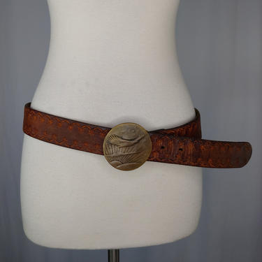 Vintage Seventies Brown Tooled Leather Belt with Brass Eagle Belt Buckle - Medium 70s Boho Hippie Belt 