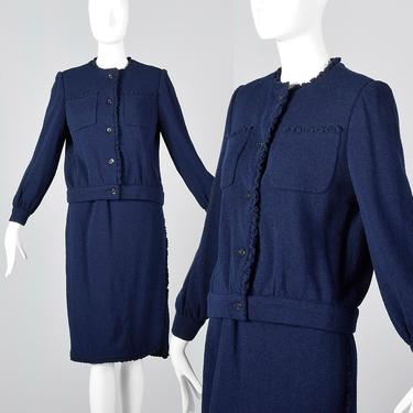 Medium 1970s Bill Blass Skirt Suit Navy Blue Jacket Knit Designer Outfit 