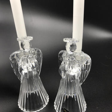 Vintage Pair USA Lead Crystal DePlomb DePlomo Clear Ribbed Glass Angel Candle Holders Halo- 7 1/4&amp;quot; 