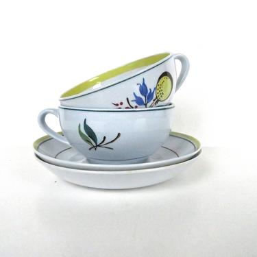 Set Of 2 Arabia of Finland Windflower Cup and Saucers, Vintage Floral Blue And Yellow Scandinavian Teacups 