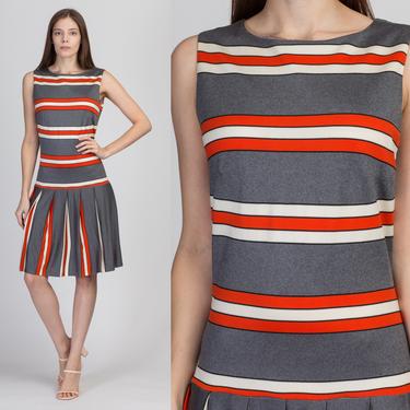 60s Mod Striped Drop Waist Scooter Dress - Small | Vintage Pleated Skirt Retro A Line Knee Length Dress 