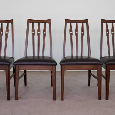 Set of Four 1950's Mid-Century Modern Dining Chairs in Walnut - Reupholstered in Black Naugahyde! 