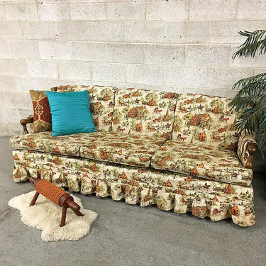 LOCAL PICKUP ONLY Vintage Tweed Couch Retro 1970's Colonial Conover Chair Company 3 Seat Living Room Furniture with Horse and Wagon Print 
