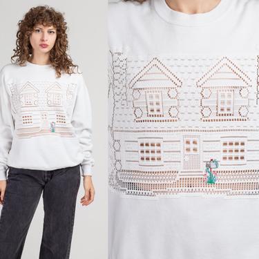 90s Crochet House Sweatshirt - Men's Large | Vintage White Long Sleeve Pullover 