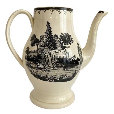 Antique black transferware coffee pot Romantic scene Decorative pottery pitcher Grandmillennial  cabinet shelf decor 