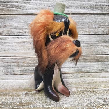Vintage Jestia Stuffed Dog, Japan Leather Toy Dog, Mustache Black &amp; White Schnauzer Dog Wearing Hat, Faux Fur Hairy Eyebrows, Vintage Toys 