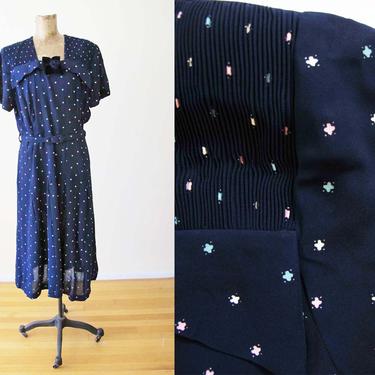 Vintage 1940s Rayon Dress M L - 40s Navy Blue Pastel Polka Dot Cocktail Dress - Belted - Corsage Front - 40s Clothing 