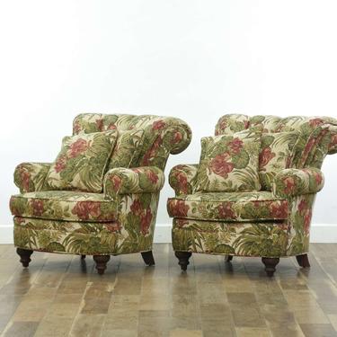 Pair Scrolled Back Floral Upholstery Armchairs