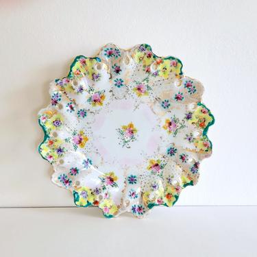 Vintage Hand-Painted Pierced Plate with Colorful Flowers and Gold Gilt Accents 