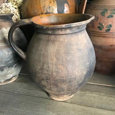 19th C Pottery Jug, Pitcher, Olive Jar, Redware Slip, Terra Cotta, Vase, Rustic European Farmhouse, Farm Table, Damages 